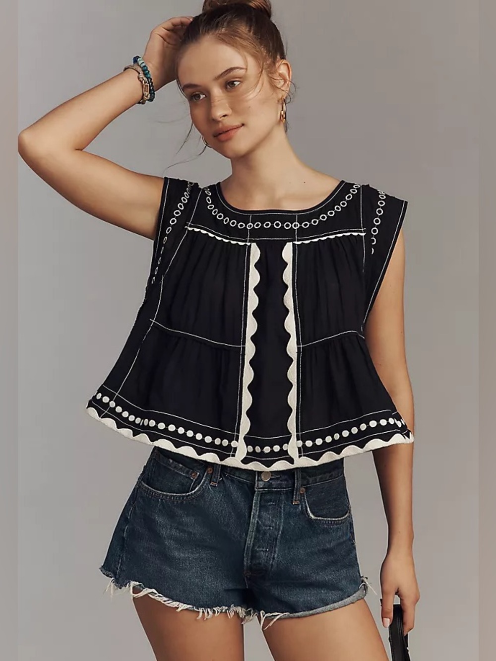 Anthropologie Embroidered Babydoll Top